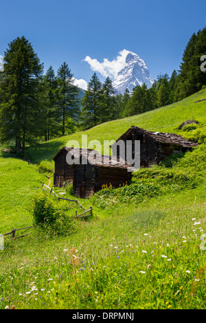 Chalet barns and wildflowers below the Matterhorn mountain in the Swiss Alps near Zermatt, Switzerland Stock Photo