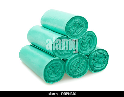 Rolls of disposable trash bags isolated on white background Stock Photo