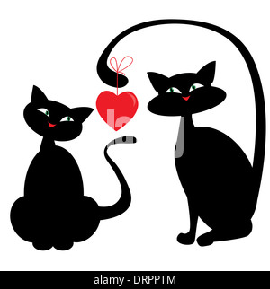 Two cats and red heart. Vector illustration Stock Photo