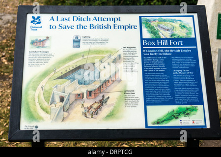 Visitor sign outside historic Box Hill Fort, explaining the last ditch attempt to save the British Empire. Box Hill, Surrey, England, UK. Stock Photo