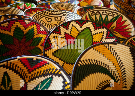 Colorful plates made by Embera Puru Indians, at Rio Pequeni, Colon/Panama province, Republic of Panama. Stock Photo