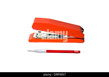 Red stapler and pen Stock Photo