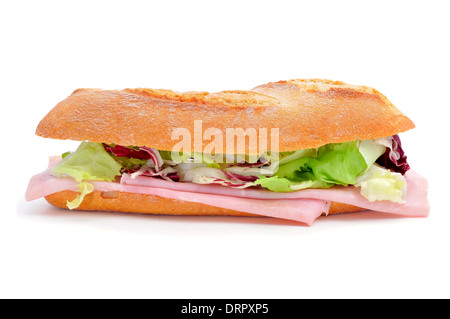 a sandwich with ham and vegetables on a white background Stock Photo