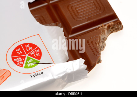 Bar of milk chocolate showing nutritional information on a 'traffic light wheel' (Sainsbury's Basic range) Stock Photo