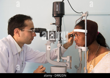 Indian village woman having her eyes tested at Sathya Sai Baba Super Speciality hospital. Puttaparthi, Andhra Pradesh, India Stock Photo