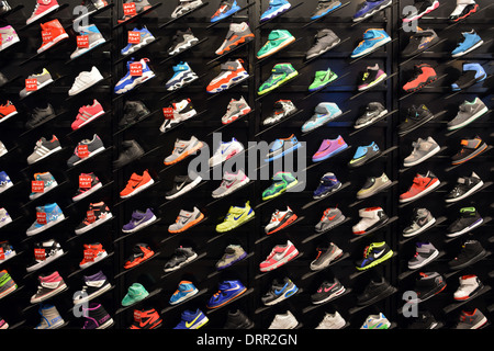 Colorful display of men's athletic shoes at Foot locker sporting goods store, Roosevelt Field Mall, Garden City, Long Island Stock Photo