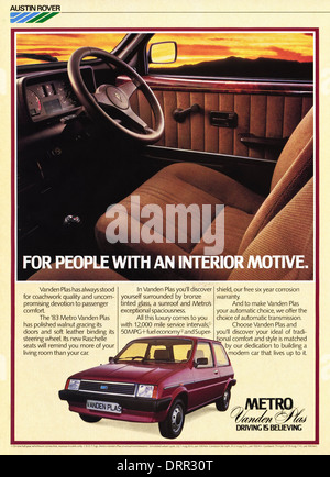 1980s magazine advertisement advertising AUSTIN ROVER VANDEN PLAS METRO new car, advert circa 1983 Stock Photo