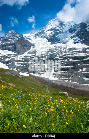 Eiger Glacier, Eigergletscher, between Monch (Monk) and Eiger mountains in the Swiss Alps, Bernese Oberland, Switzerland Stock Photo