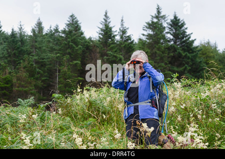 A Caucasian female bird watcher using her binoculars on mull, Inner Hebrides, Scotland. Stock Photo