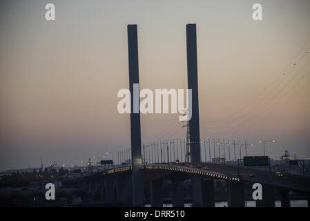 The Bolte Bridge is a large twin Cantilever bridge in Melbourne, Victoria, Australia. It spans  Yarra River & Victoria Harbour at dusk twilight sunset Stock Photo