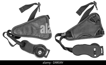 Leather made camera wrist strap isolated to white background Stock Photo