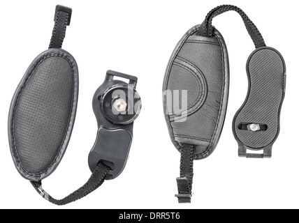 Leather made camera wrist strap isolated to white background Stock Photo