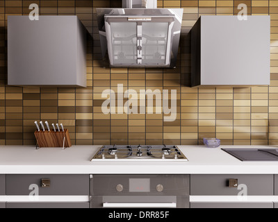 Kitchen exhaust hood in kitchen interior. 3D rendering Stock Photo - Alamy