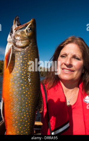 Woman angler holding a summer brook trout she caught in a lake in Northern Ontario. Stock Photo