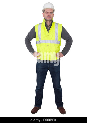 Full-length portrait of engineer with hard hat and yellow reflective safety vest Stock Photo
