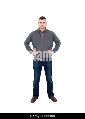 Full length portrait of man with hands on hips isolated on white background Stock Photo