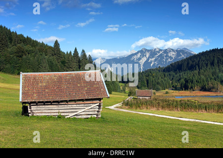 Wooden hut / granary along lake Gerold / Geroldsee near Mittenwald, Upper Bavaria, Germany Stock Photo