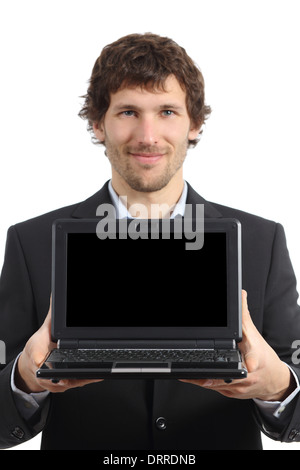 Attractive businessman showing a netbook screen app isolated on a white background Stock Photo