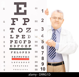Male optician pointing to an eyesight test with a stick