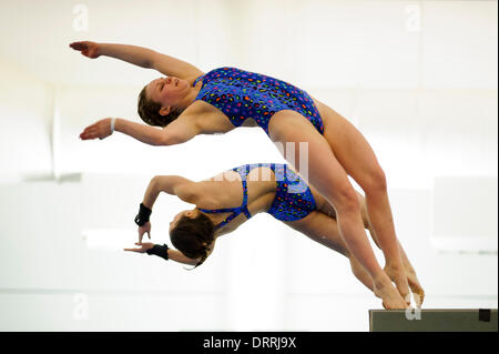 Southend-on-Sea, UK. 31st Jan, 2014. Robyn Birch and Shanice Lobb of Plymouth Diving compete during the Synchronised Mens 3m Springboard Final on Day 1 of the British Gas Diving National Cup 2014 from Southend Swimming and Diving Centre. Credit:  Action Plus Sports/Alamy Live News Stock Photo