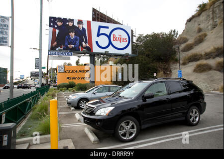 Feb, 2014: The Beatles return to the Sunset Strip with a billboard for the 50th Anniversary of  the Ed Sullivan television show. Stock Photo