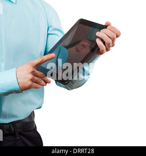 Businessman monitoring stock market graphs on his tablet Stock Photo