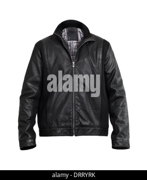Fashionable black leather mens jacket isolated on white background Stock Photo