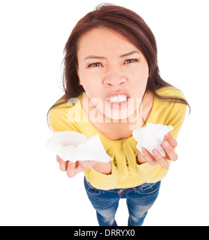 young woman holding tissue with painful face Stock Photo