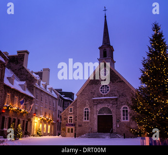 Notre-Dame-des-Victoires during Christmas, Lower Town, Quebec City, Canada Stock Photo