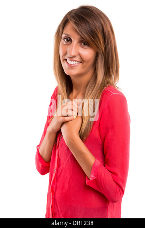 A beautiful teenager in love, isolated over a white background Stock Photo