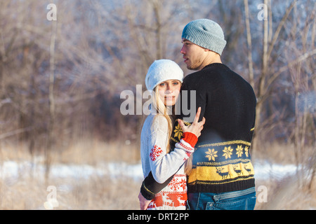 love story man and woman walking in the park Stock Photo