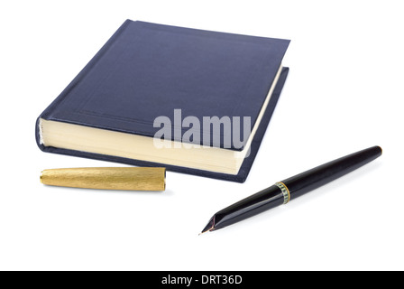 Black notebook with pen on a white background Stock Photo