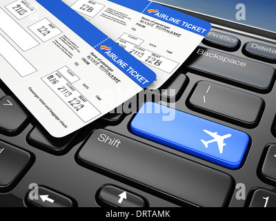 Online booking airplane tickets. Laptop keyboard. 3d Stock Photo