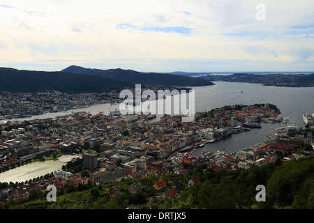A bird's eye view over Bergen city and harbour from Mount Fløyen, Norway. Stock Photo