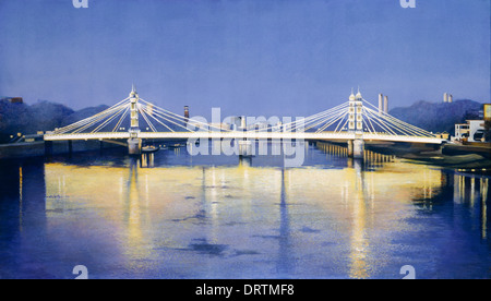 Painting of Albert Bridge at twilight seen from Battersea Bridge up stream of the River Thames in London Stock Photo