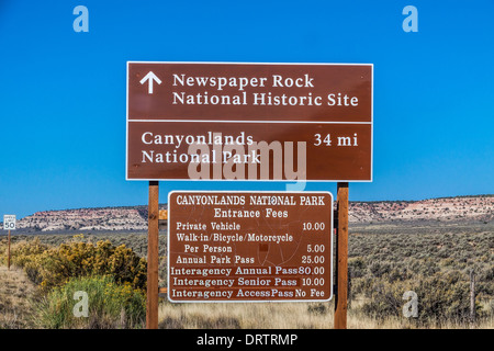 Sign on US 211 scenic byway in Utah with information about Canyonlands National Park. Stock Photo