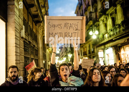 Barcelona, Spain. February 1st, 2014: An activist holds his placard to protest against the new restrictive abortion law during a march through Barcelona Credit:  matthi/Alamy Live News Stock Photo