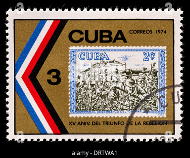 Postage stamp from Cuba depicting an older Cuban stamp, issued for the 15'th anniversary of the revolution. Stock Photo