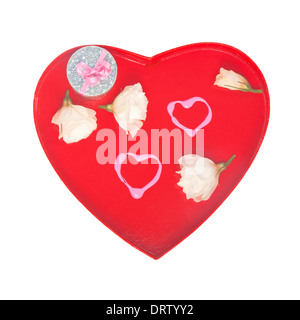 Couple of pink hearts lipstick-drawn on a big red heart with white flowers and gift box Stock Photo