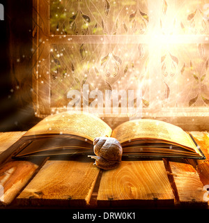 Open old book of magic with the snail Stock Photo