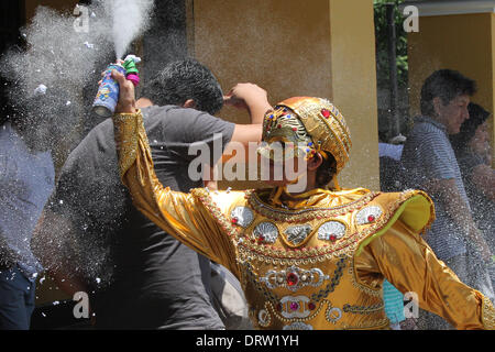 Lima, Peru. 1st Feb, 2014. A woman performs during the opening of Cajamarca's Carnival 2014, on the sidelines of the program 'Palace for Everybody' at Arms Square in Lima, capital of Peru, on Feb. 1, 2014. Credit:  Luis Camacho/Xinhua/Alamy Live News Stock Photo