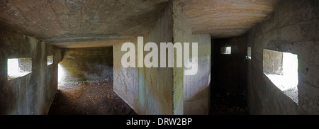 Interior panorama of a World War II pill-box survives intact by the riverside near Ashbourne. Stock Photo