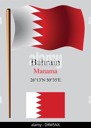 bahrain wavy flag and coordinates against gray background, vector art illustration, image contains transparency Stock Photo