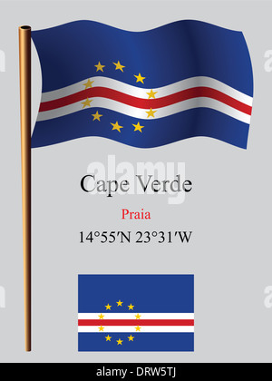 cape verde wavy flag and coordinates against gray background, vector art illustration, image contains transparency Stock Photo