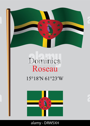 dominica wavy flag and coat of arms against white background, vector ...