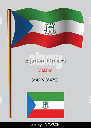 equatorial guinea wavy flag and coordinates against gray background, vector art illustration, image contains transparency Stock Photo