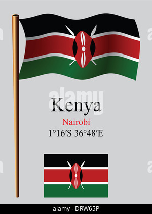 kenya wavy flag and coordinates against gray background, vector art illustration, image contains transparency Stock Photo