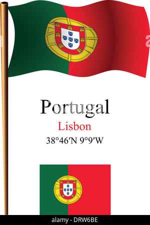 portugal wavy flag and coordinates against white background, vector art illustration, image contains transparency Stock Photo
