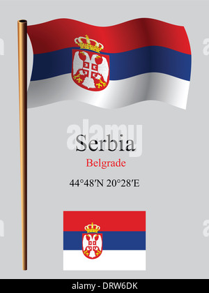 serbia wavy flag and coordinates against gray background, vector art illustration, image contains transparency Stock Photo