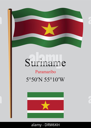 suriname wavy flag and coordinates against gray background, vector art illustration, image contains transparency Stock Photo